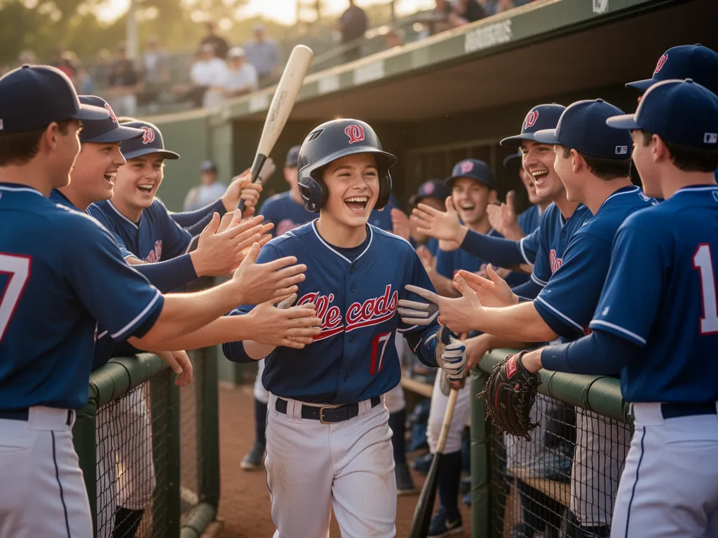 Young baseball player celebrating with teammates in dugout after successful hit