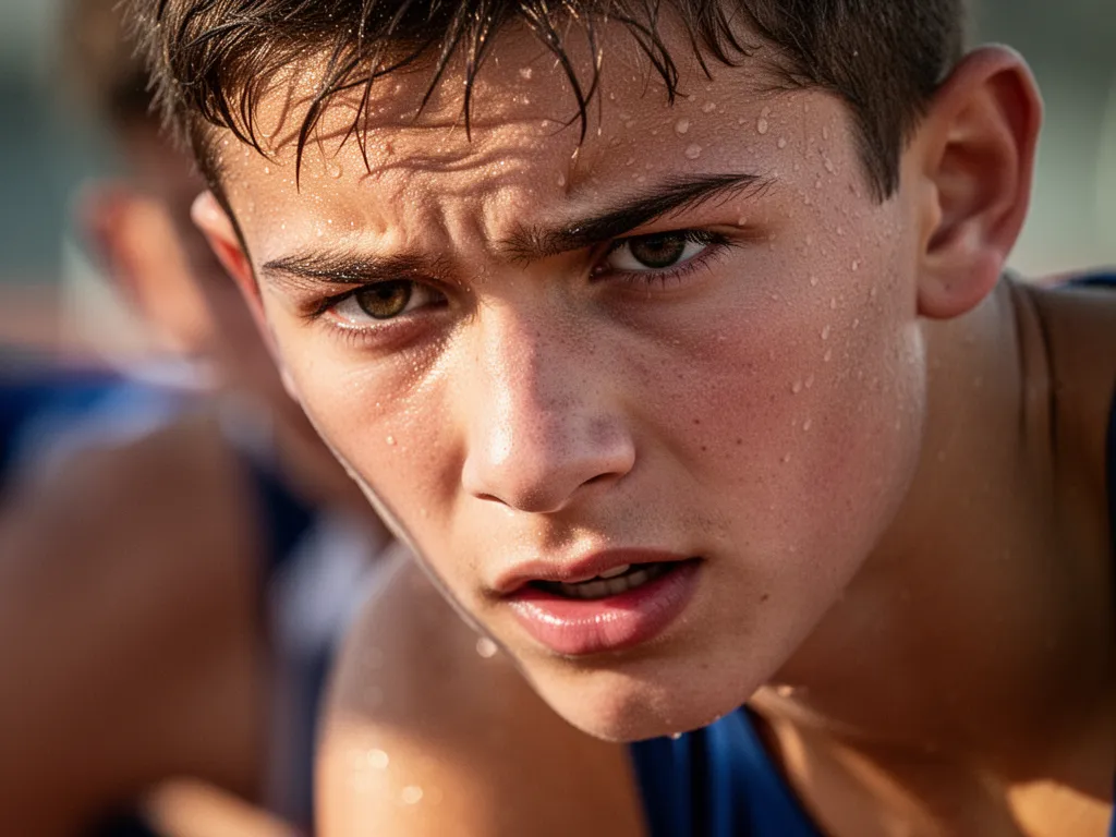 Close-up of athlete's concentrated face showing determination and emotion during competitive moment