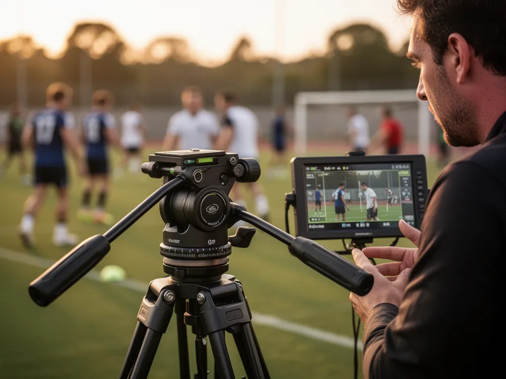 Tripod equipment detail with coach monitoring athlete performance during training session