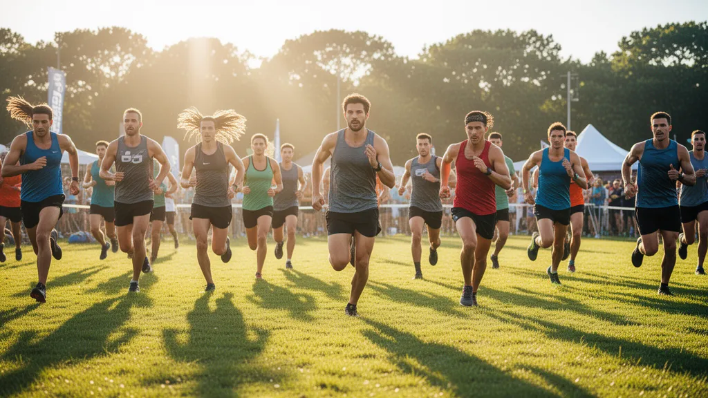 Multiple athletes competing outdoors in a trivia event with natural lighting and dynamic motion