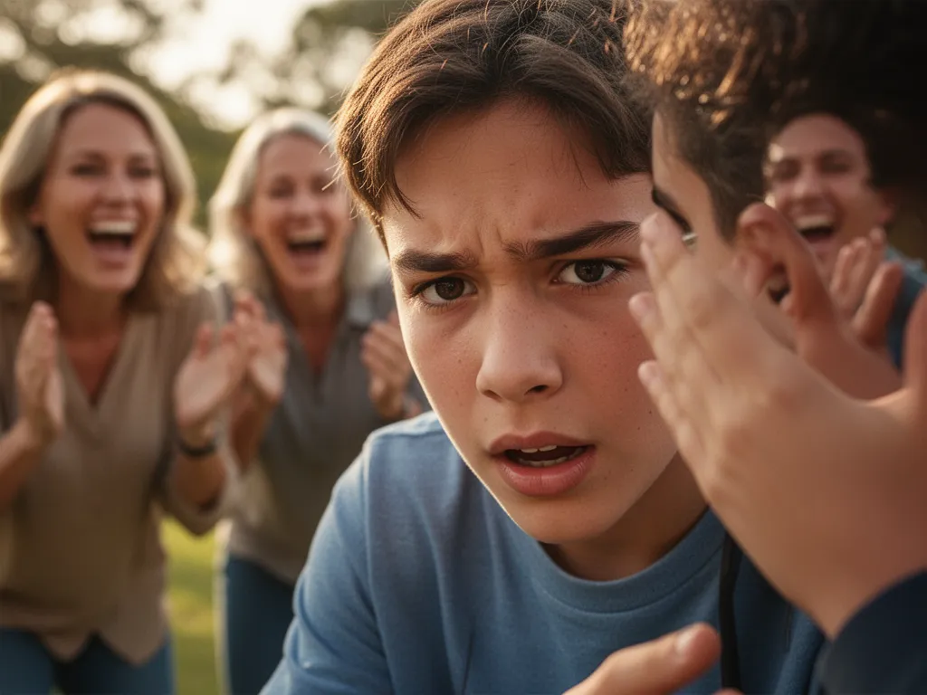 Young athlete concentrating during trivia competition with supportive parents cheering in background
