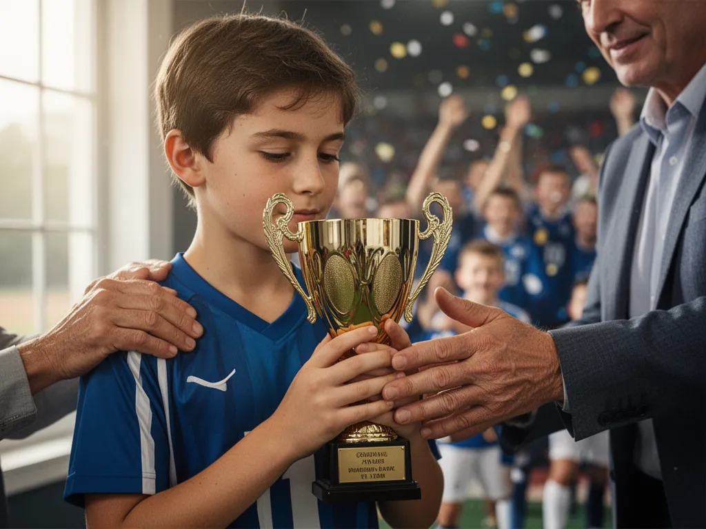 Child's hands holding trophy with parent's supportive hand on shoulder in warm lighting