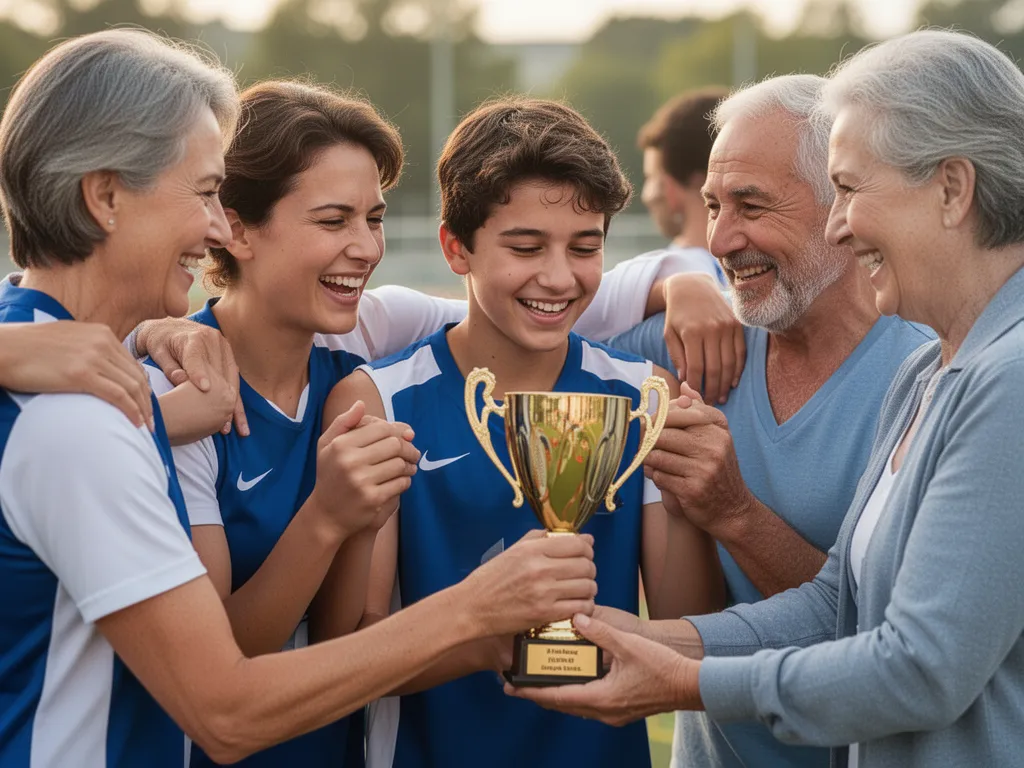 Young athletes and parents celebrating together with genuine emotion after a sports competition victory