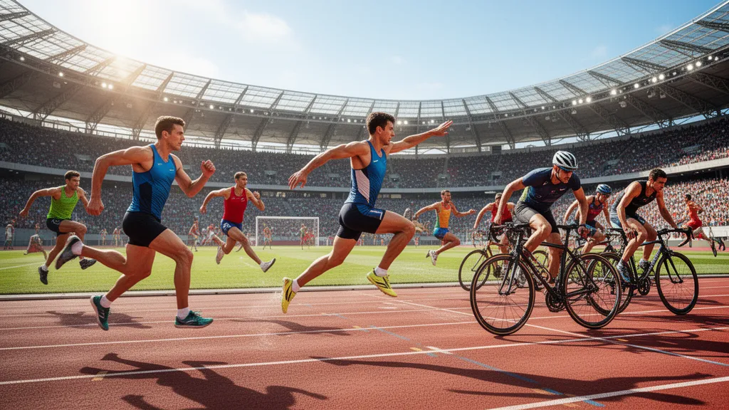 Multiple athletes competing in different sports simultaneously outdoors with dynamic motion and natural lighting