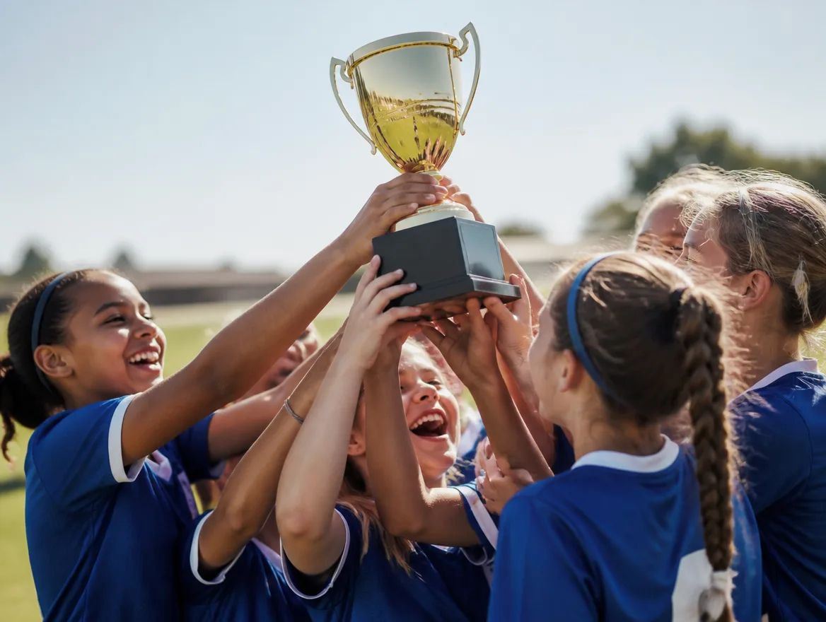 Youth sports team celebrating together with a gold trophy