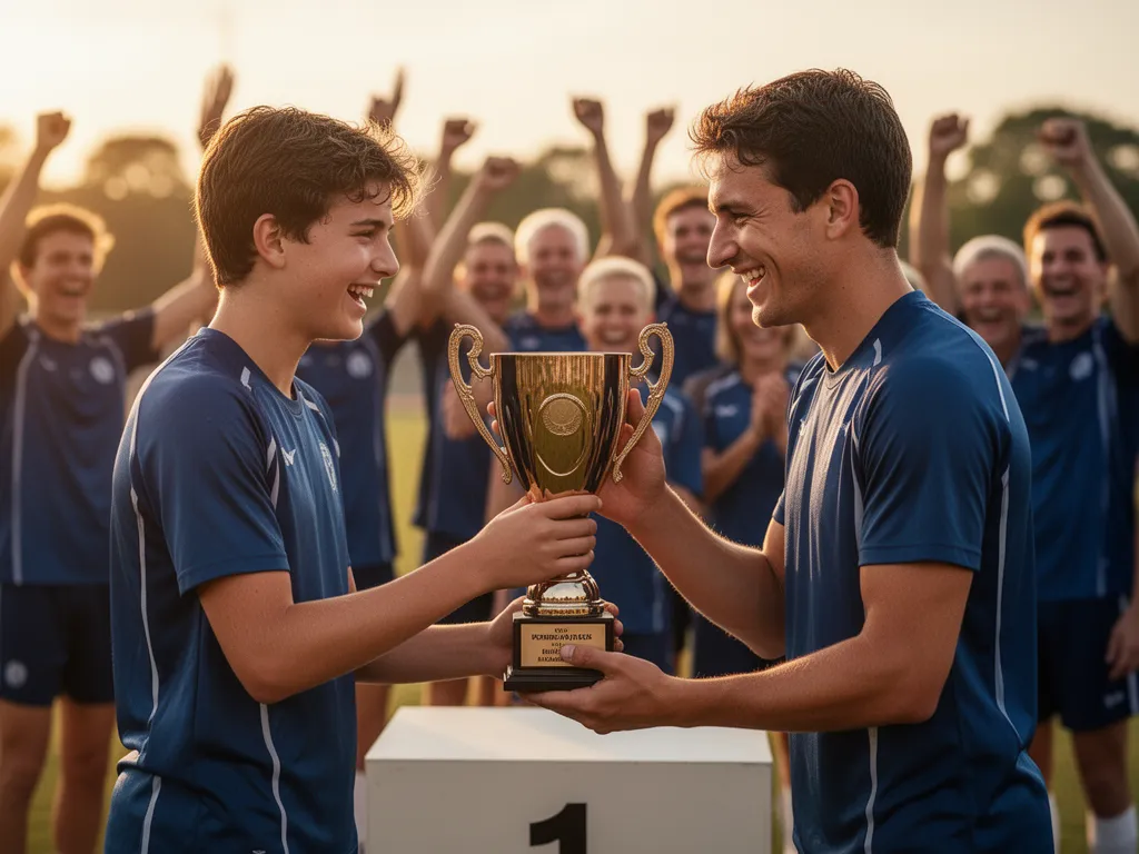 Coach presenting trophy to proud young athlete with celebrating team members and parents in background