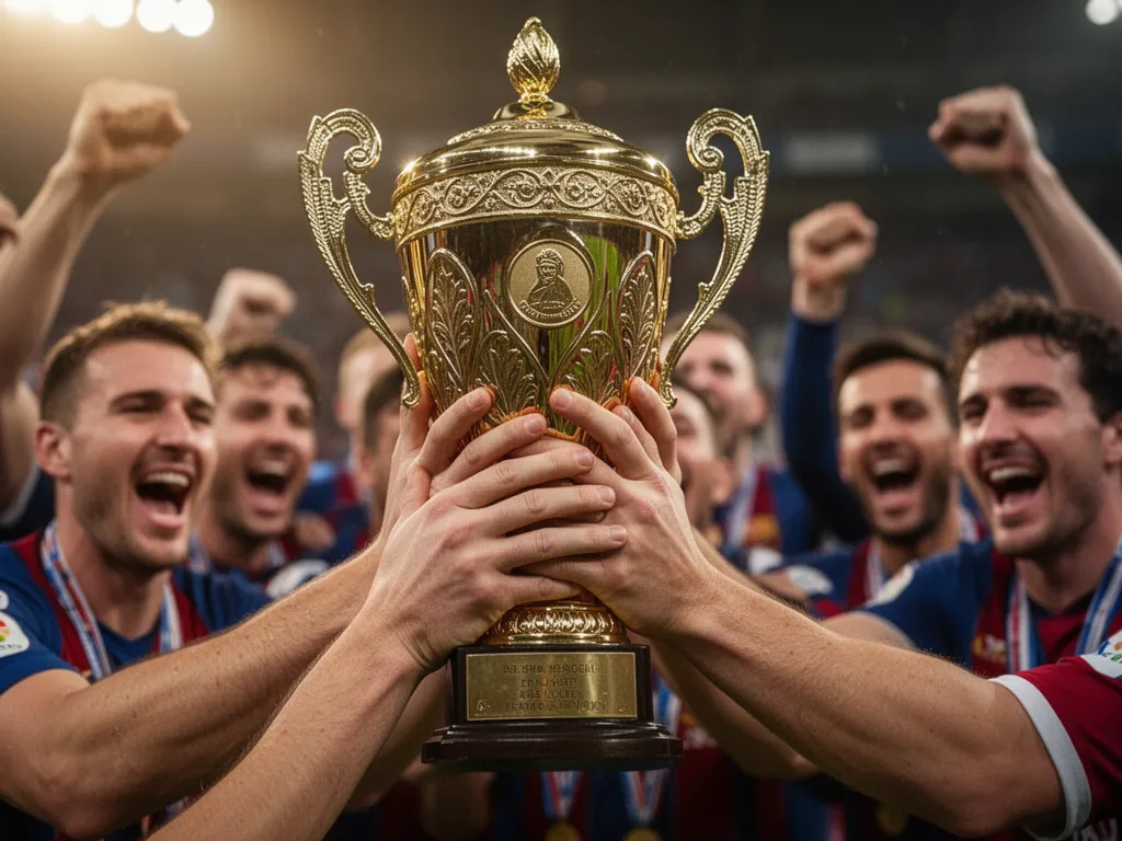 Close-up of golden trophy being held with celebrating teammates visible in soft background