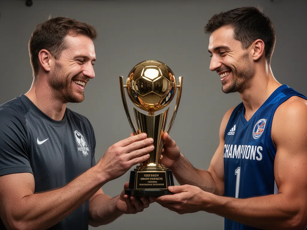 Trophy maker and athlete smiling together while presenting a newly completed championship award trophy