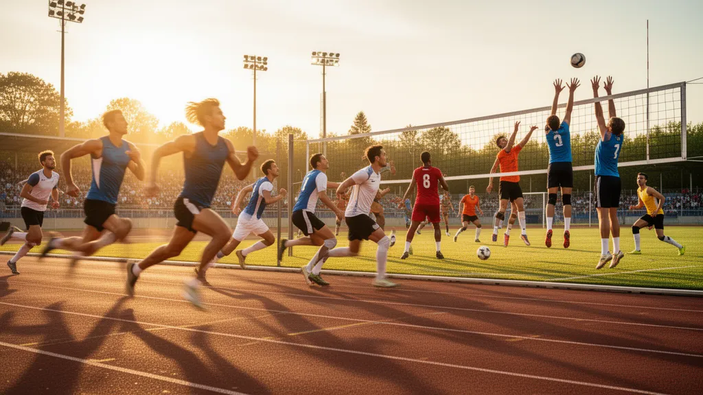 Multiple athletes in motion competing across different sports outdoors in natural daylight