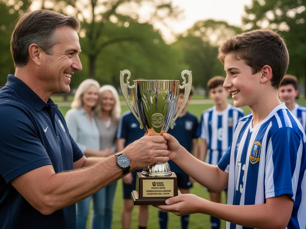 Coach awarding custom trophy to proud young athlete with cheering family and teammates behind them
