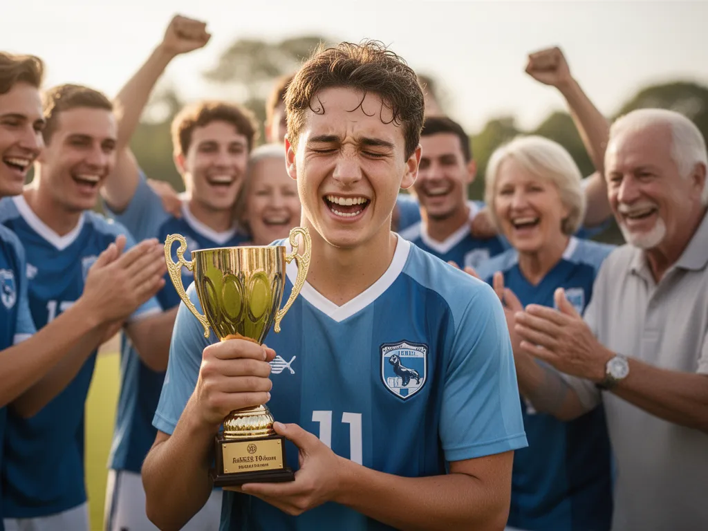 Young athlete clutching trophy with celebratory family and teammates cheering in the background