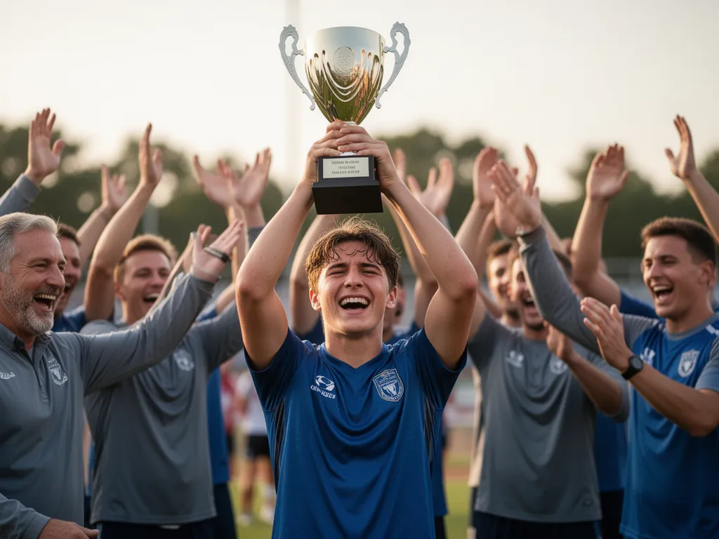 [Young athlete celebrating with trophy while teammates and coaches cheer in background]