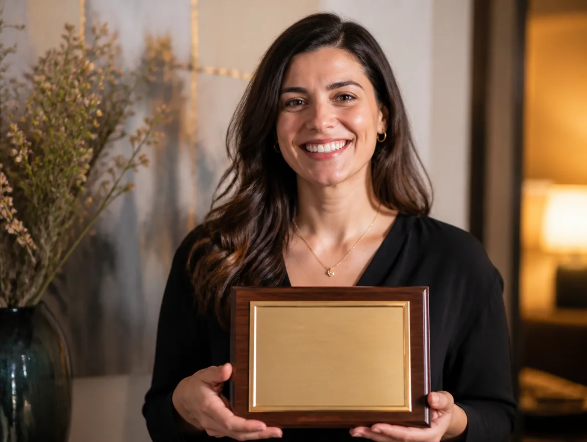 Proud person holding a wood-and-gold award plaque