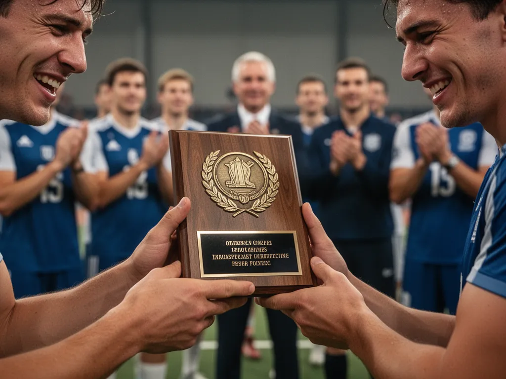Close-up of athlete's hands holding engraved trophy plaque with teammates applauding in blurred background