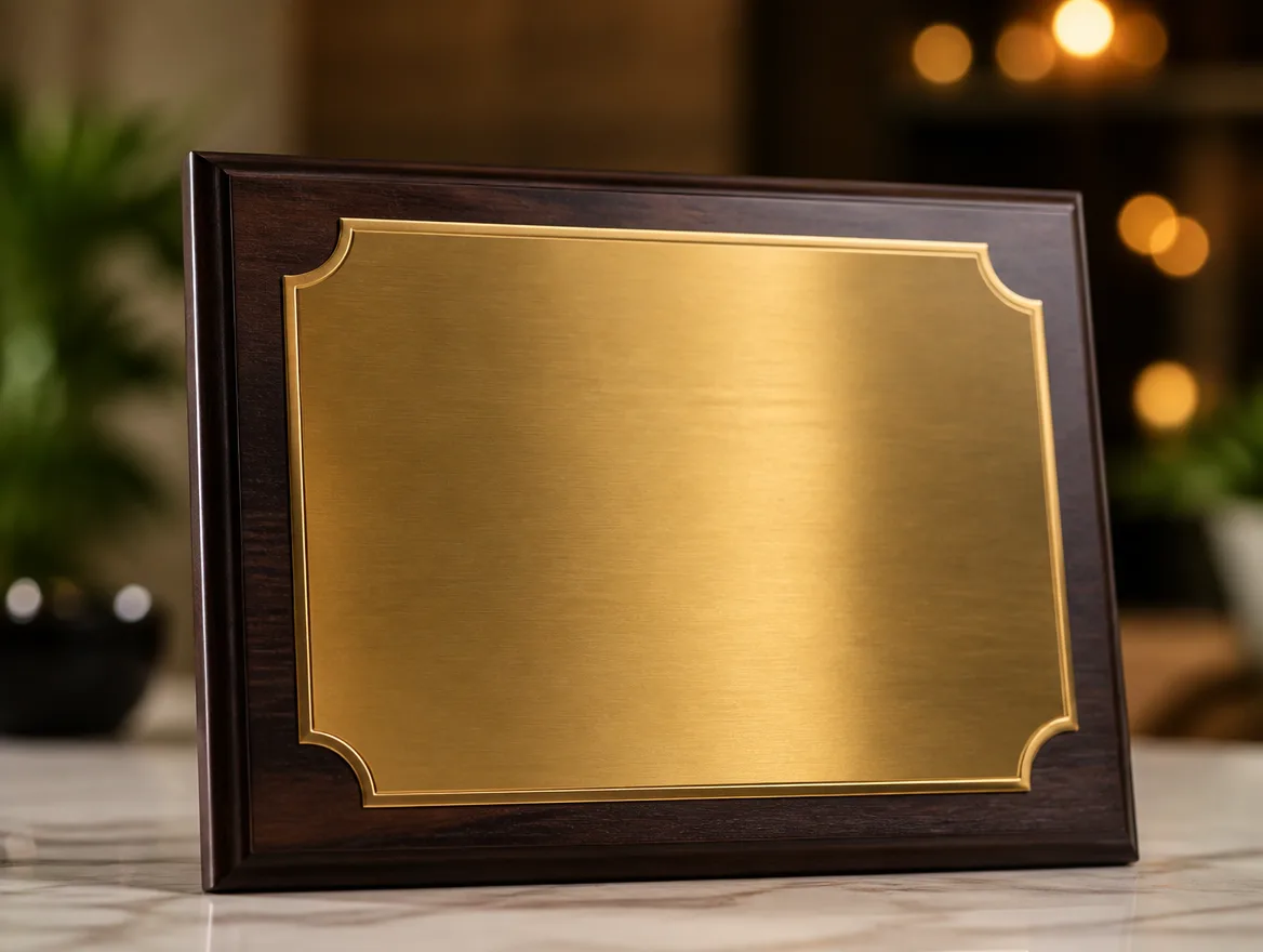 Custom trophy plaque close-up with a blank gold plate