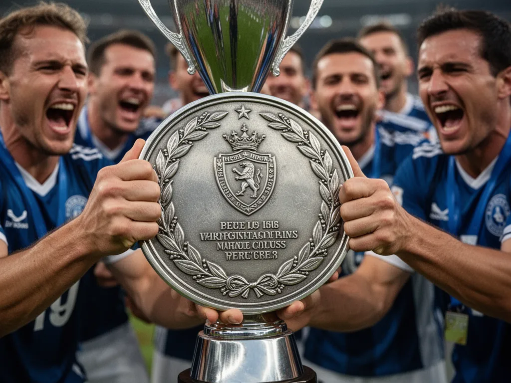 Winning team captain holding ornate engraved trophy plate with emotional celebration in background