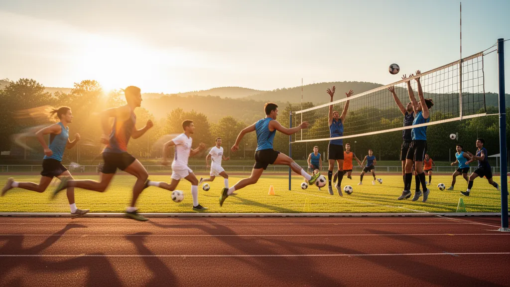 Multiple athletes in different sports competing outdoors with natural golden hour lighting and dynamic motion