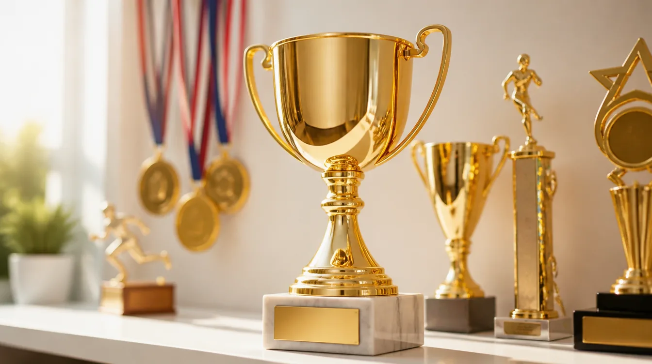 Gold sports trophies on display at a trophy shop