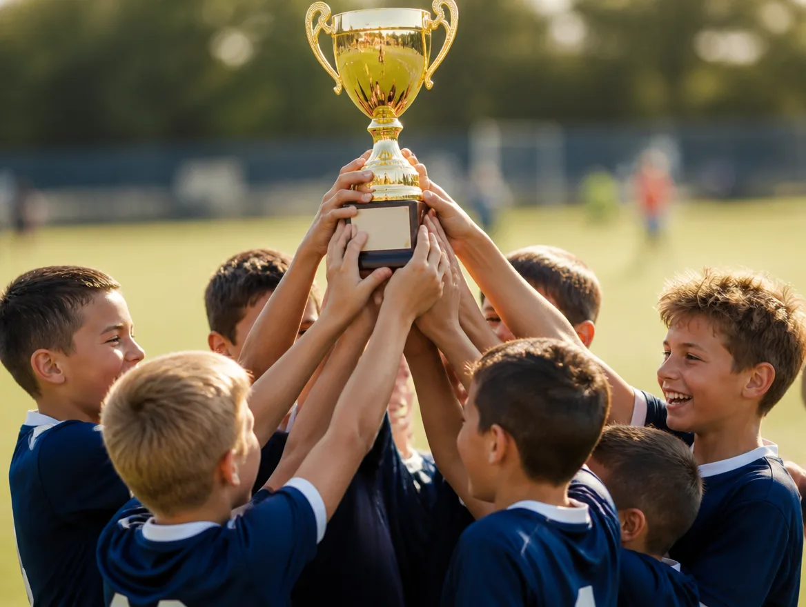 Youth sports team lifting a gold championship trophy together