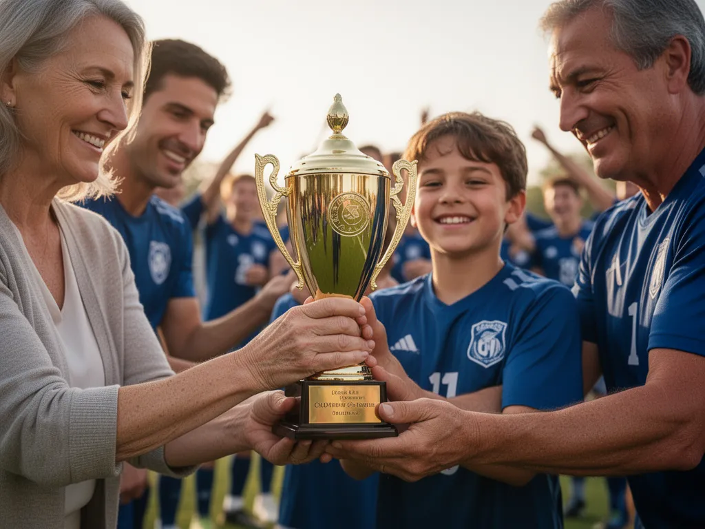 Young athlete and parents holding championship trophy together with celebrating team blurred behind them