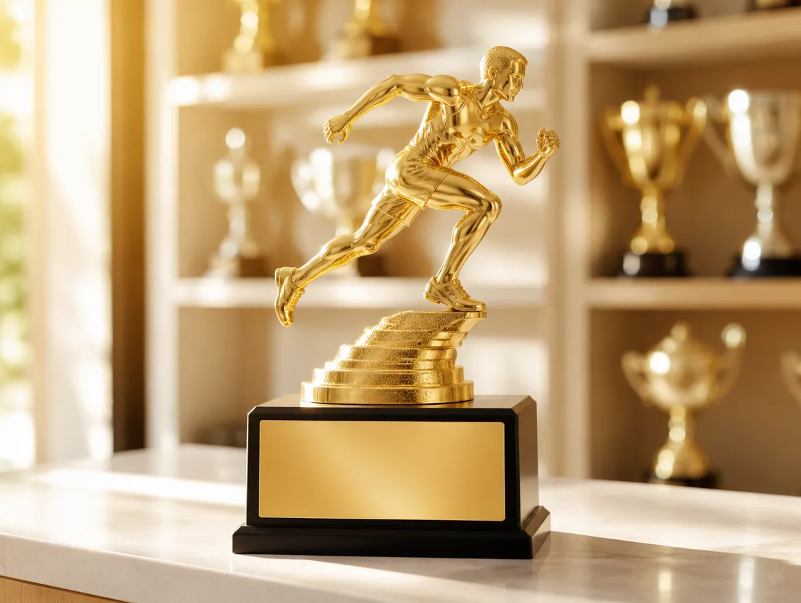 Polished gold sports trophy with a blank engraving plate