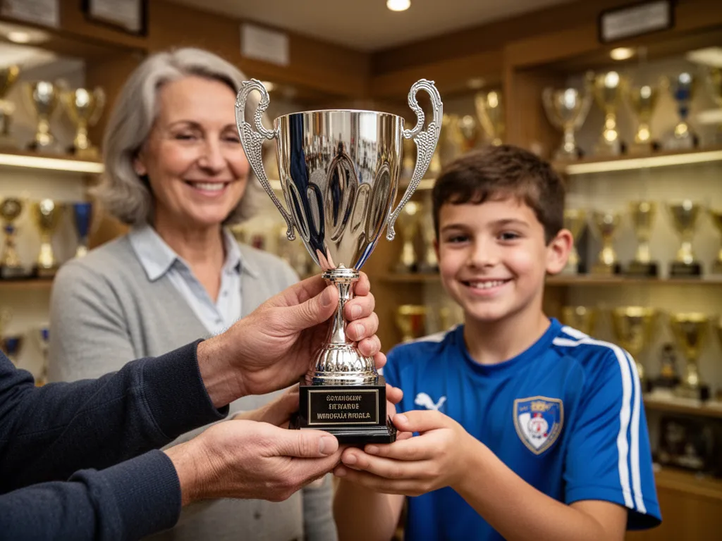 Child and adult examining a polished silver trophy together indoors with warm emotional lighting