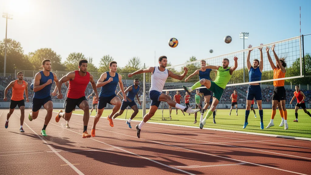 Multiple athletes in motion competing across different sports outdoors in natural daylight