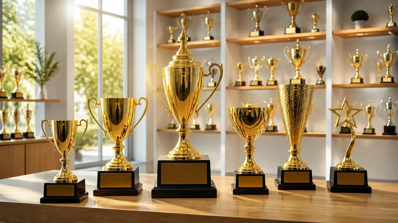 Gold trophies and award cups displayed at a trophy store