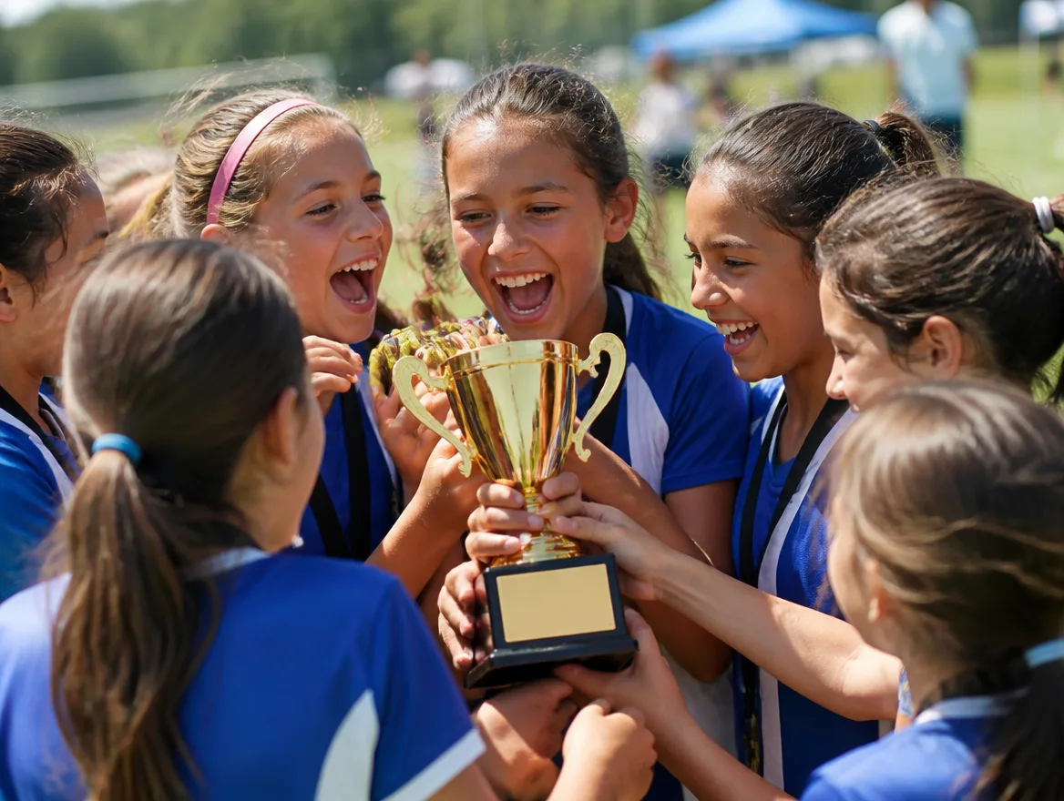 Youth sports team celebrating with a gold trophy from trophy stores near me