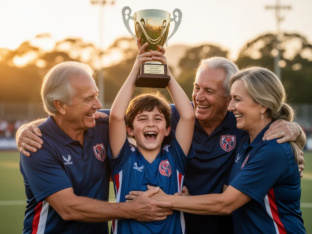 Young athlete celebrating with parents after winning trophy in emotional family moment