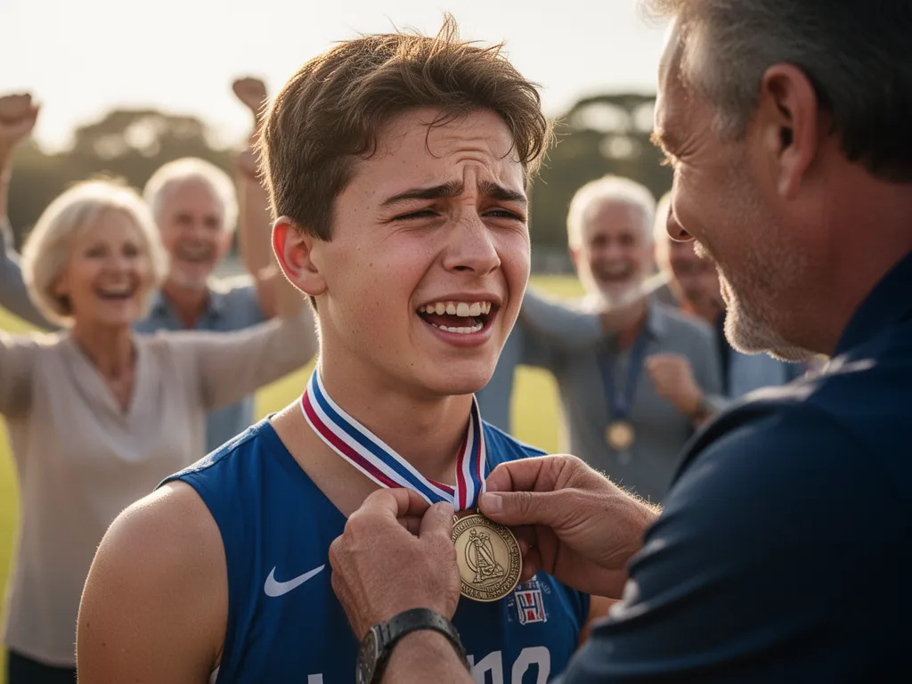 Coach presenting medal to athlete with emotional celebration and proud parents watching nearby