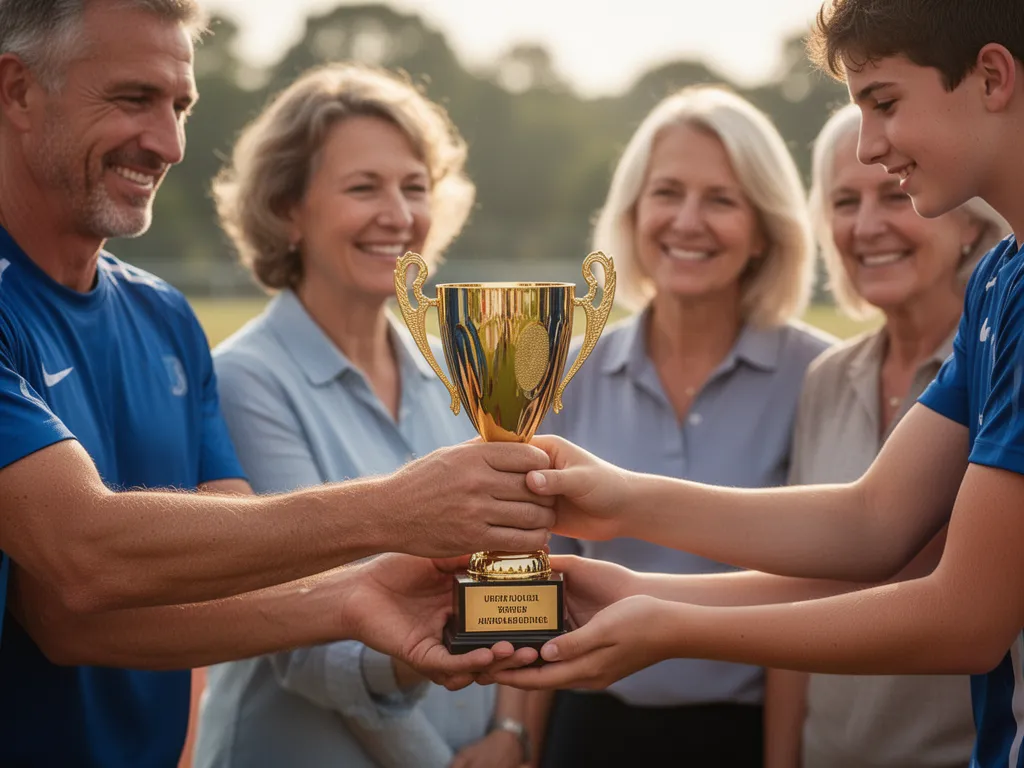 [Young athlete receiving golden trophy with proud coach and parents smiling in warm natural lighting moment]