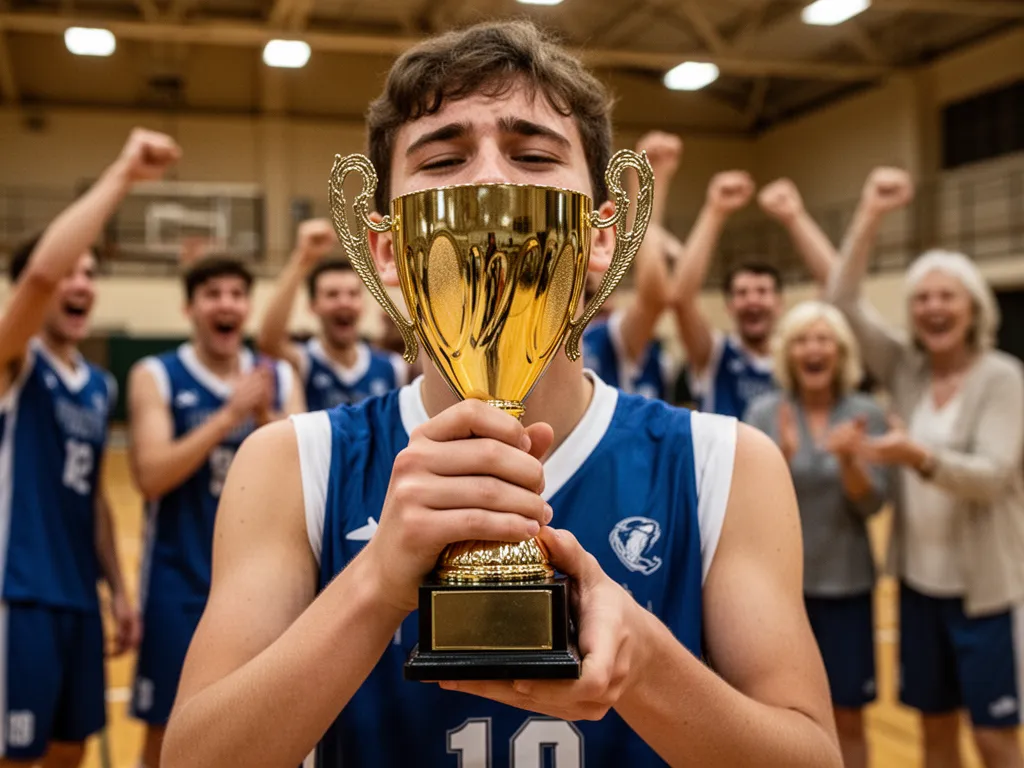 Young athlete holding trophy with emotional expression and celebrating team members visible behind