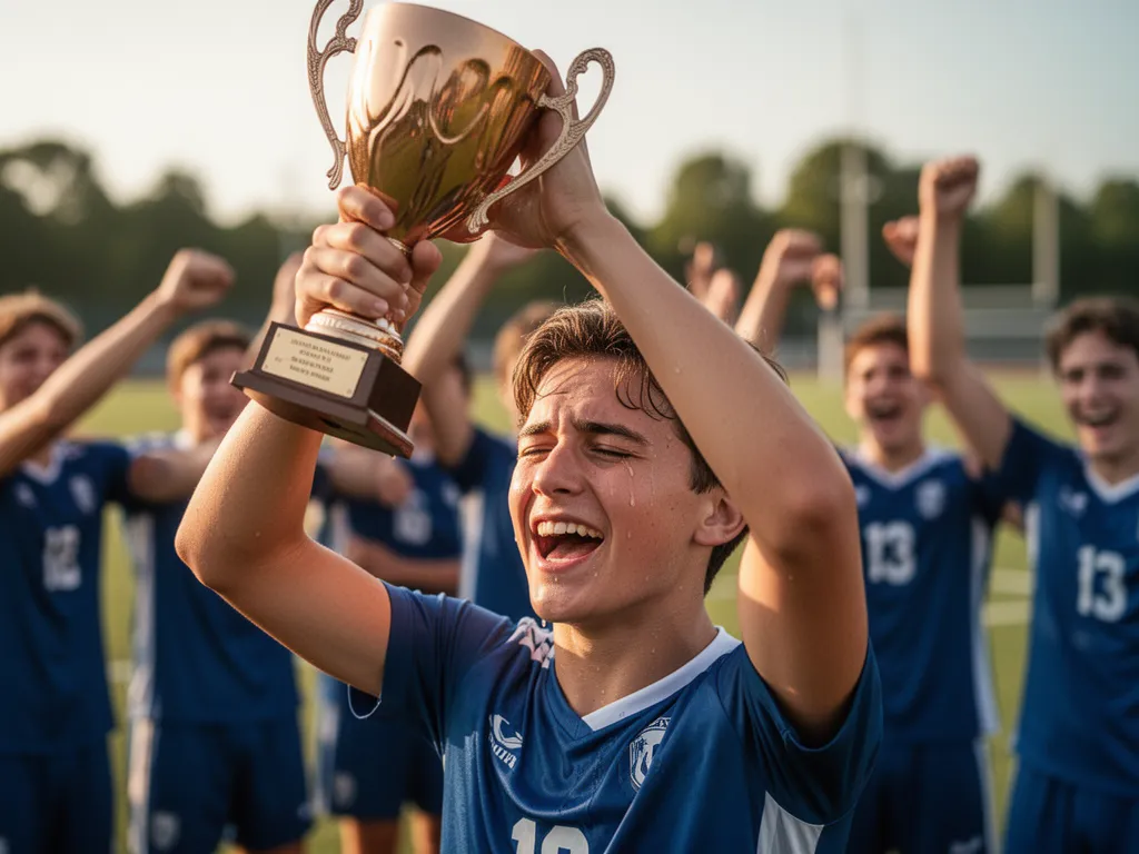 Young athlete emotionally celebrating with trophy while teammates cheer in blurred background outdoors