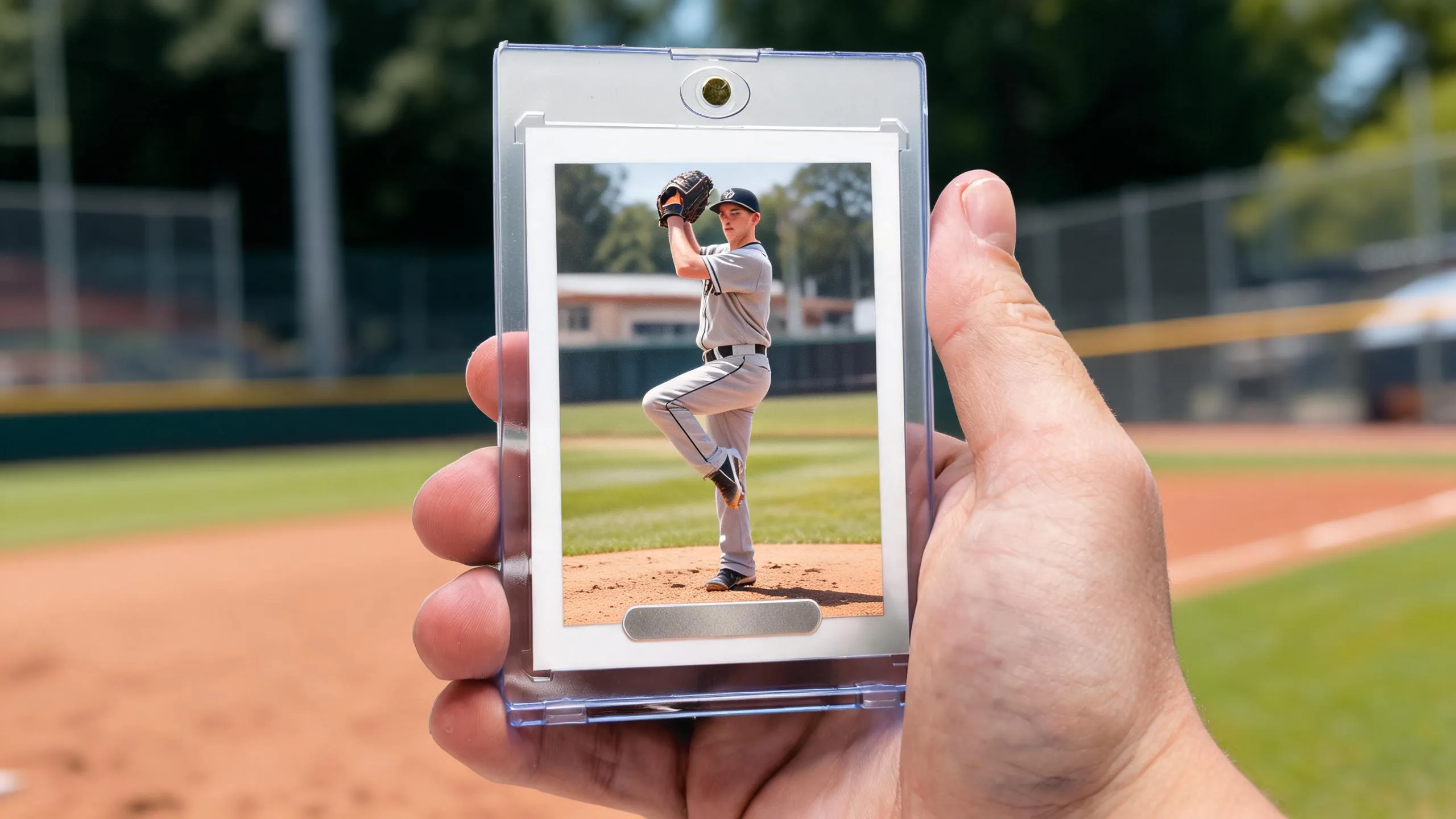Hand holding a magnetic case showing how to turn a photo into a baseball card.