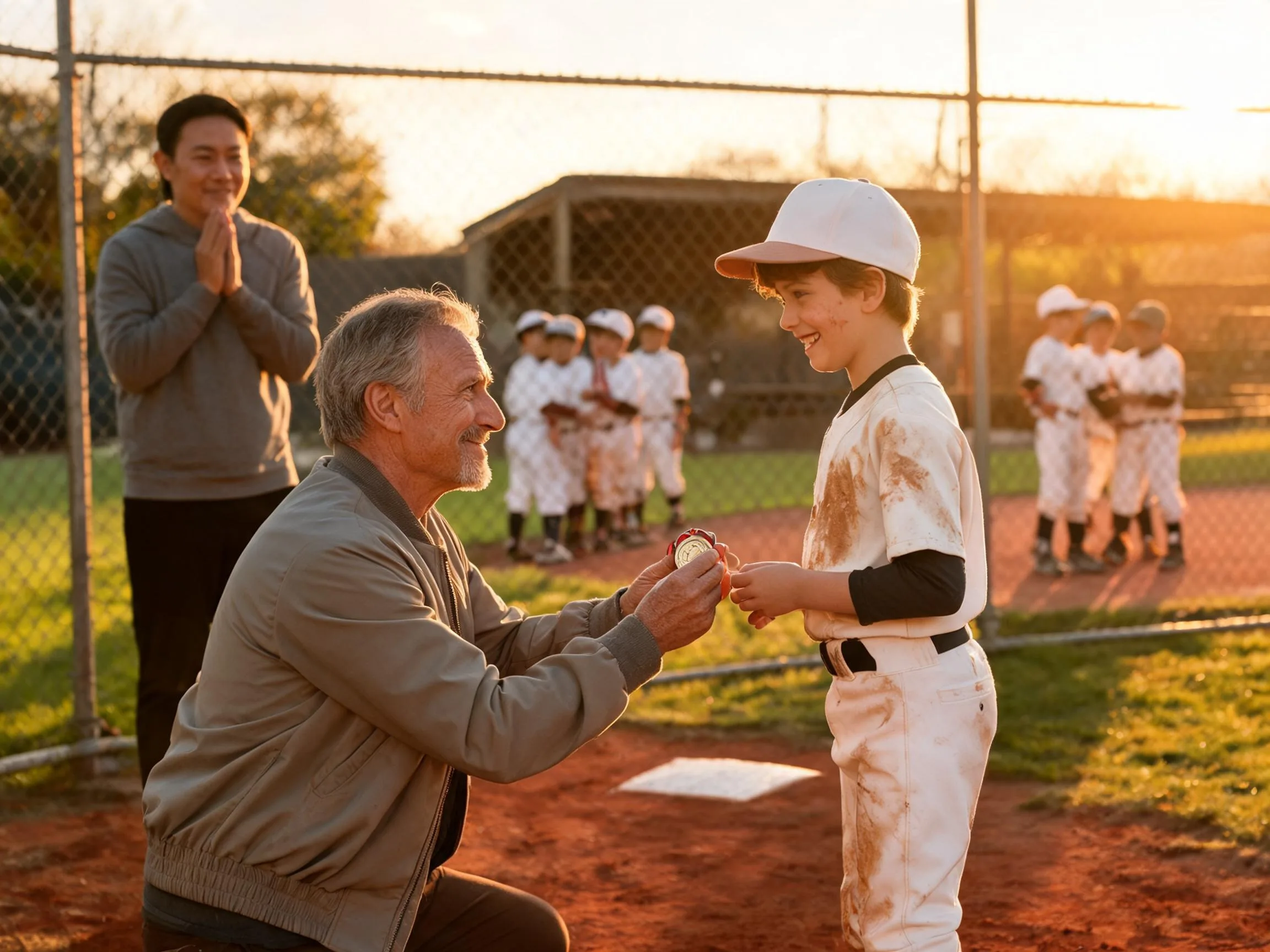 Coach and proud parent share an emotional moment with young athlete at the ballpark.