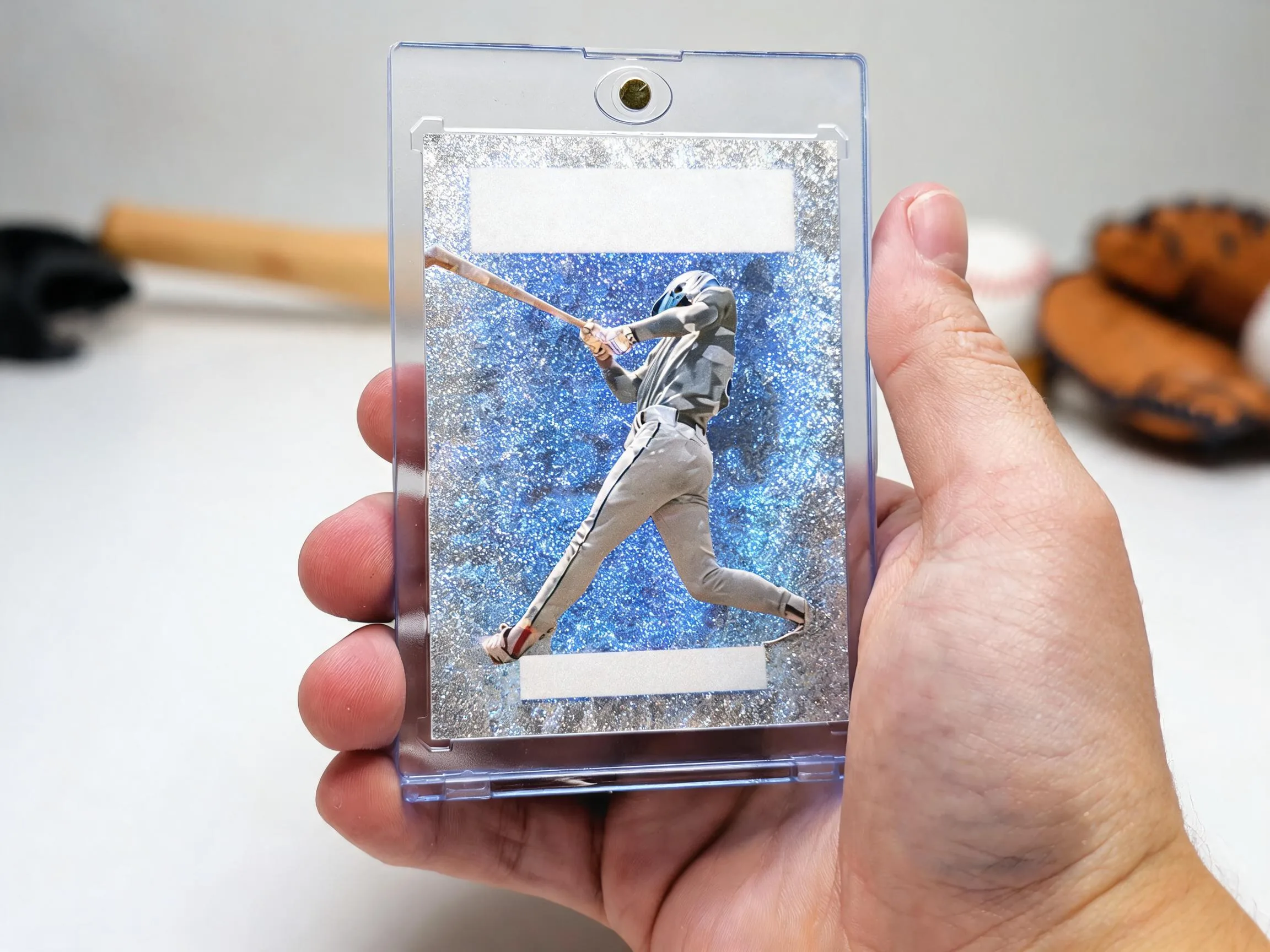 Custom baseball trading card in a clear magnetic display case on a table.