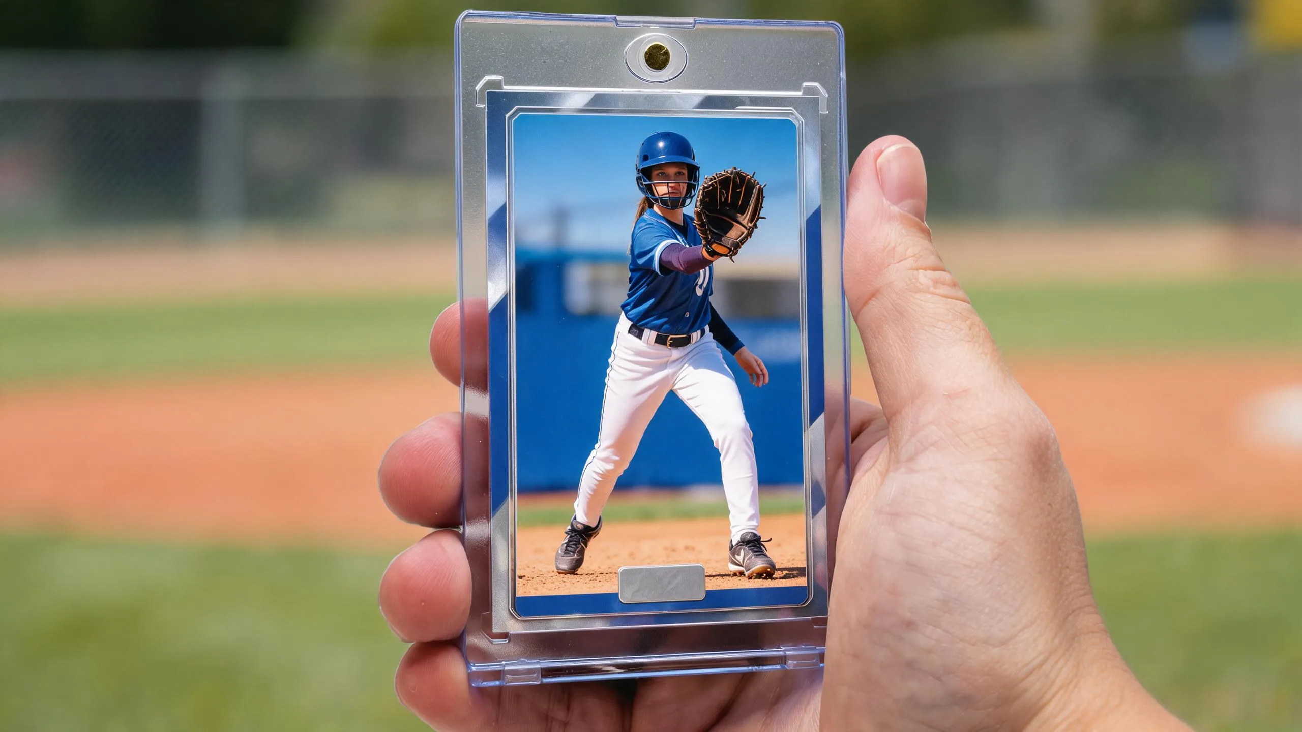 Hand holding magnetic case with a custom card — turn a picture into a baseball card, diamond background.