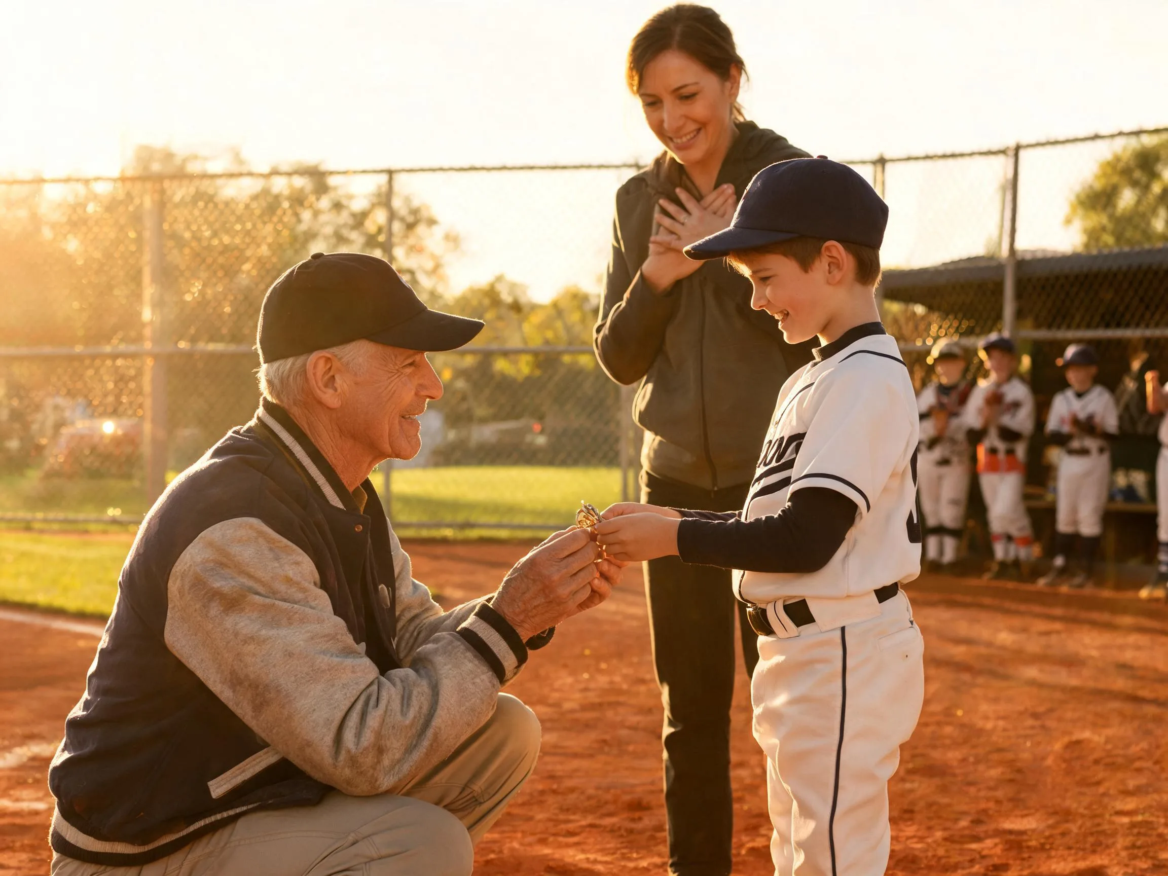 Coach and beaming young player share proud moment beside sunlit baseball dugout.