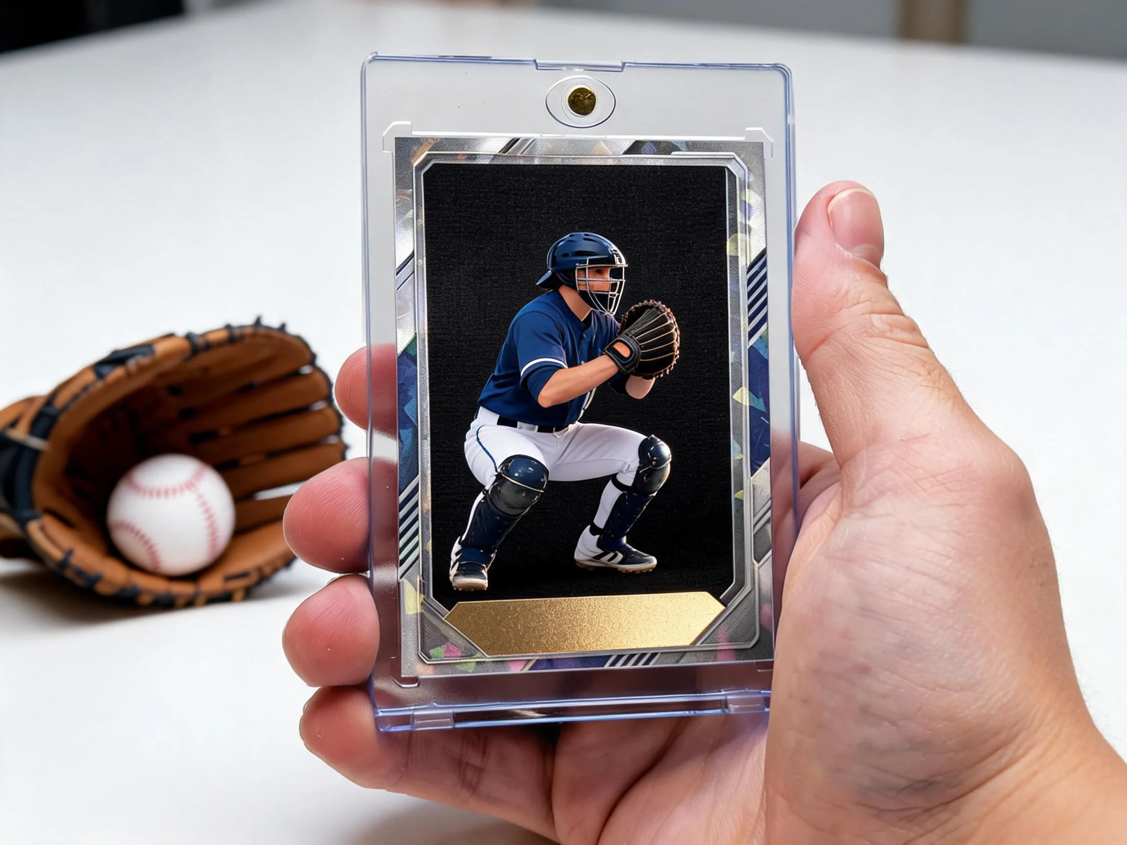Custom baseball trading card in clear magnetic case standing on white tabletop.