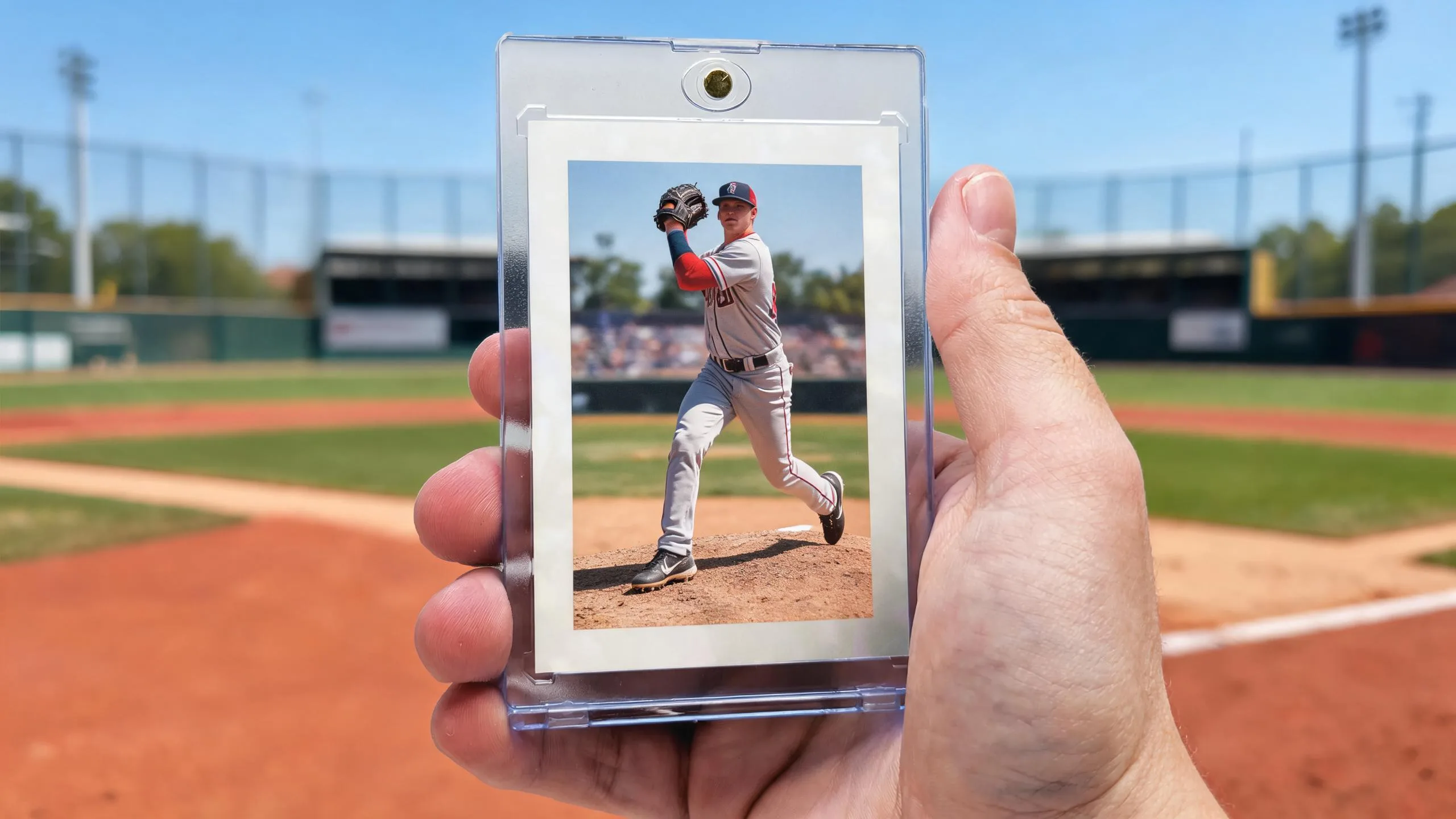 Hand holding a magnetic case showing how to turn photo into baseball card outdoors.