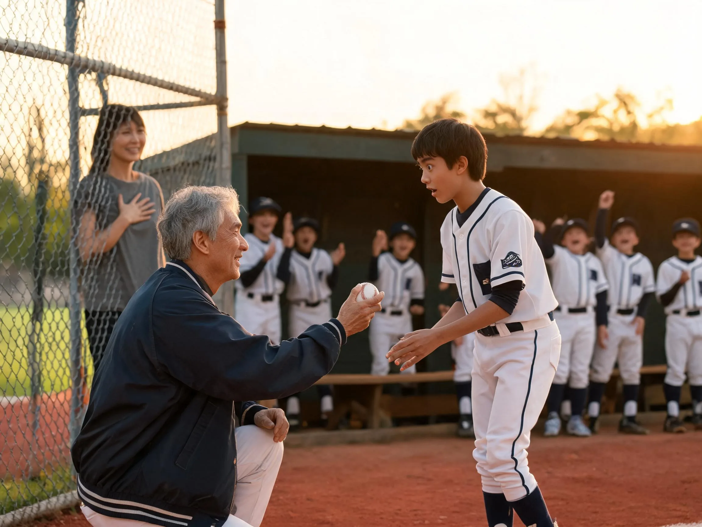 Coach and young baseball player share proud emotional moment near the dugout fence.