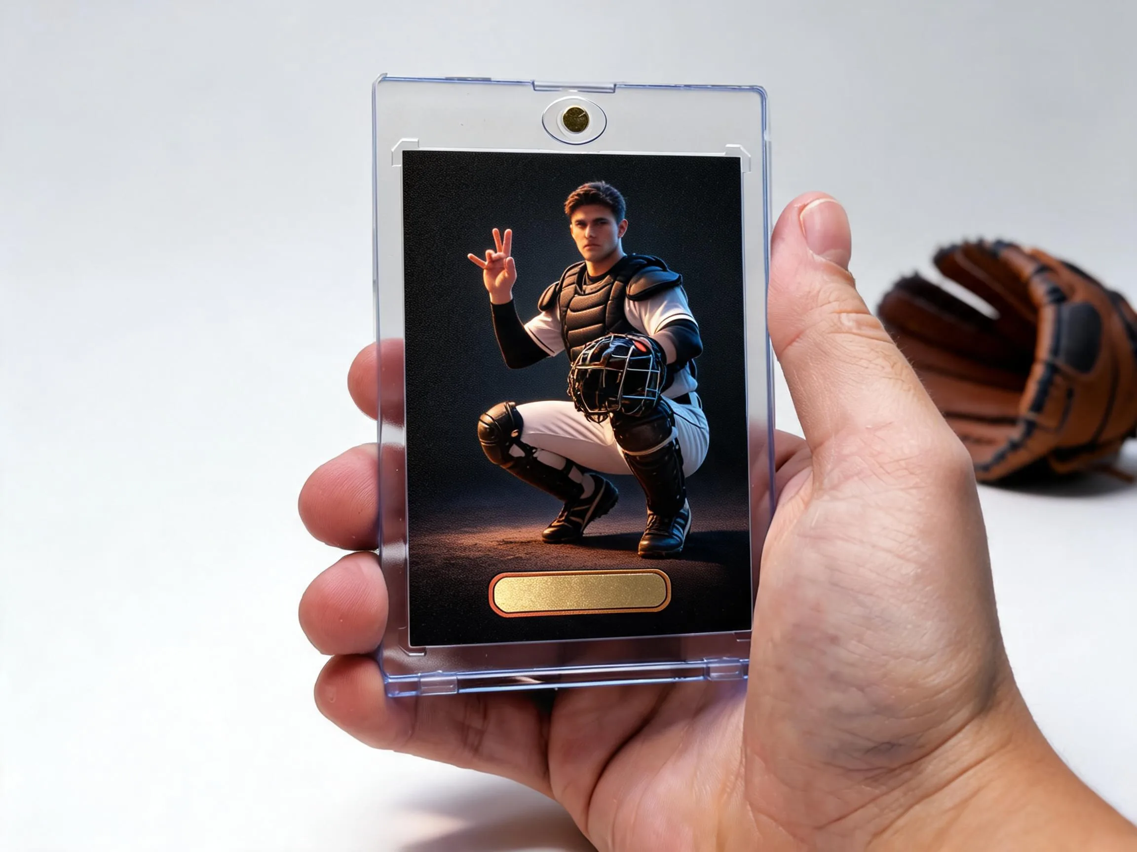 Custom baseball trading card in magnetic case with gold-foil accent on tabletop.