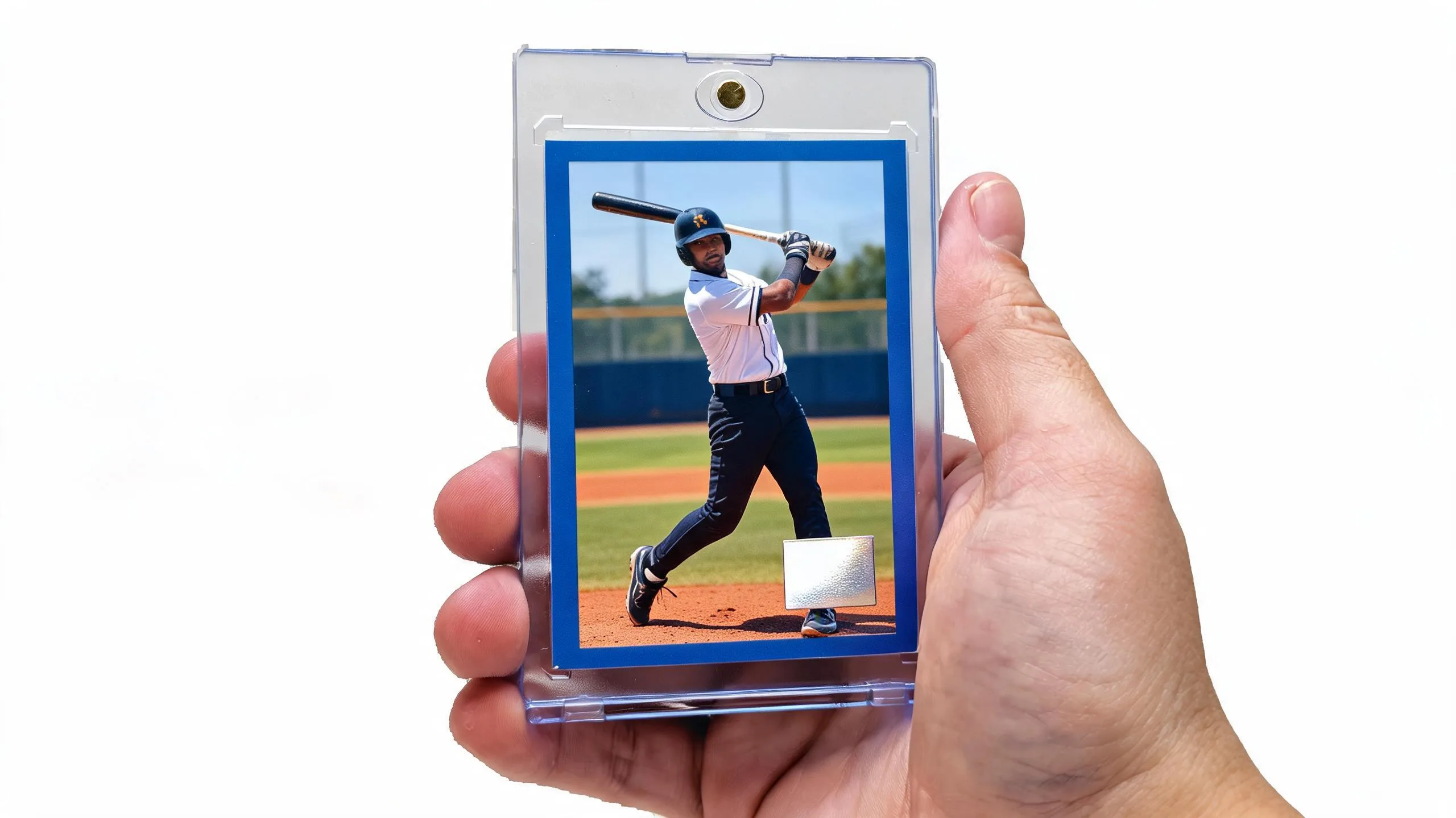 Hand holds magnetic case showing how to turn picture into baseball card with blue custom design