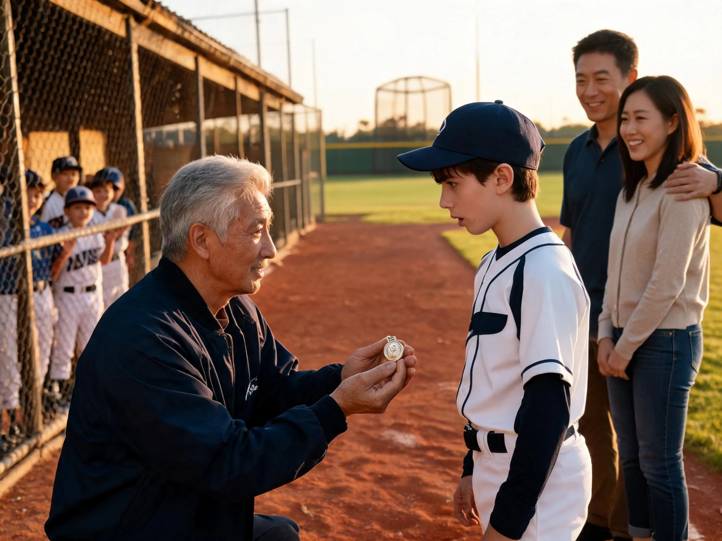Coach shares proud emotional moment with young athlete on sunlit baseball diamond field