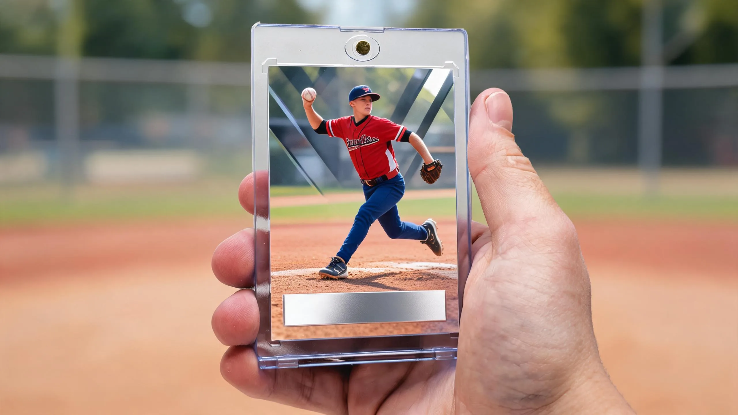Hand holds magnetic case with custom card, showing how to turn pictures into baseball cards.
