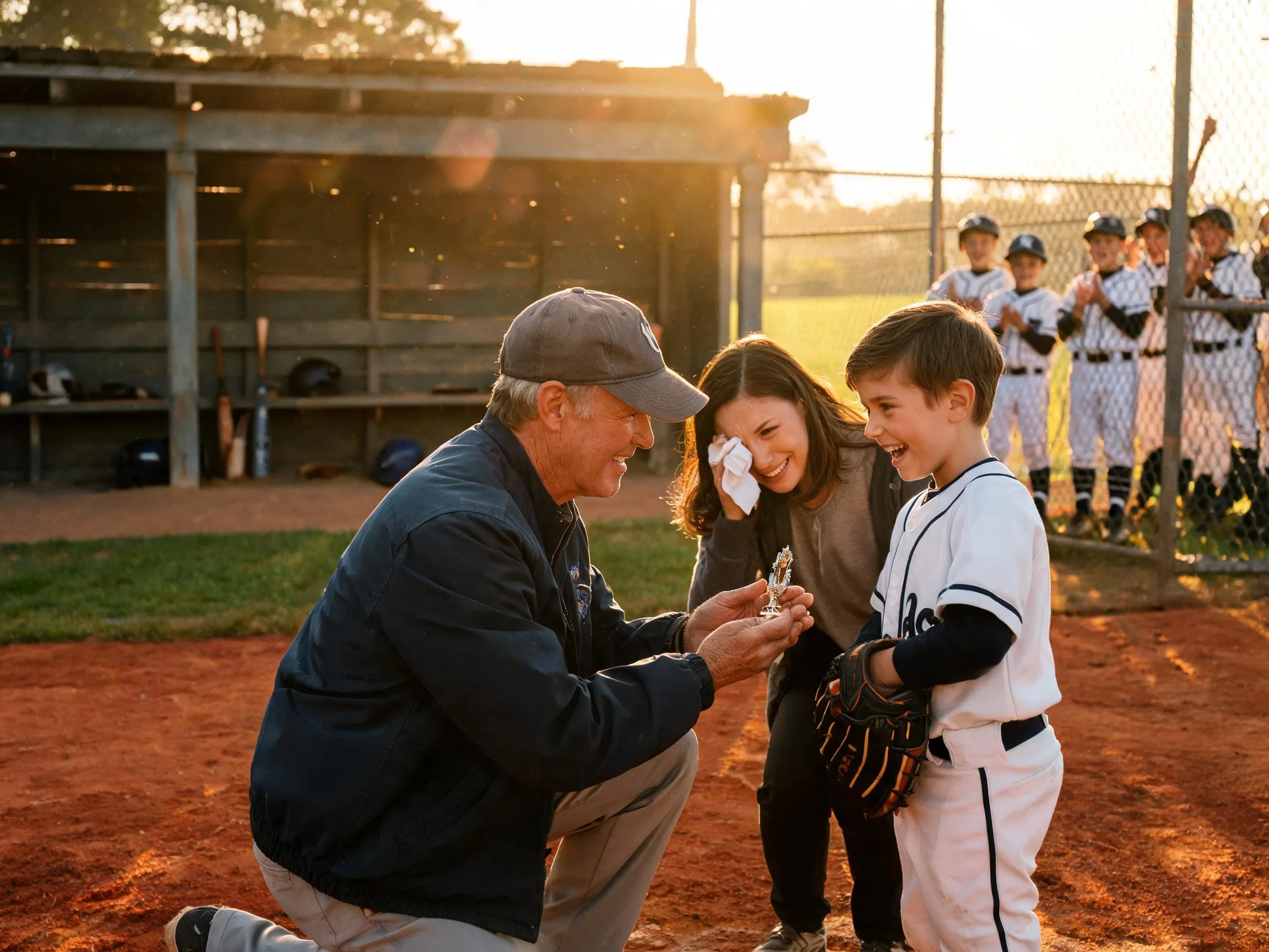 Coach and emotional young athlete share a proud moment on a sunlit baseball diamond.