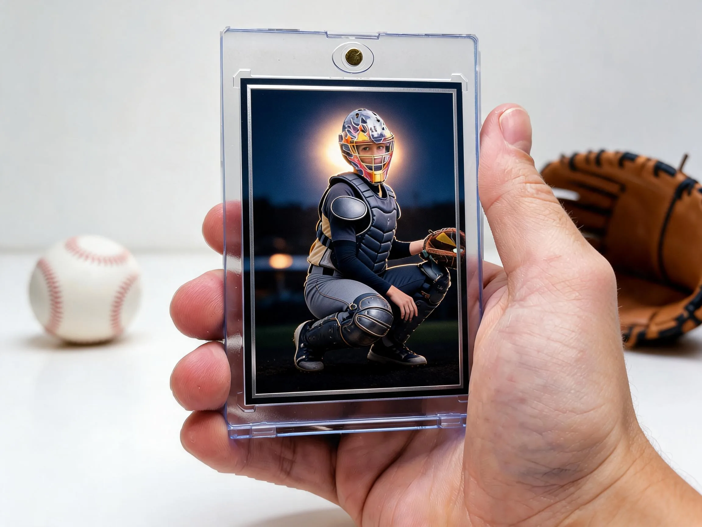 Custom baseball trading card of a catcher displayed inside a clear magnetic case.
