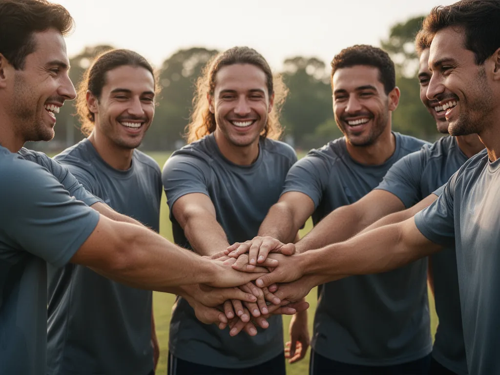 Smiling teammates with hands together showing unity, trust, and celebration of shared fundraising goal.