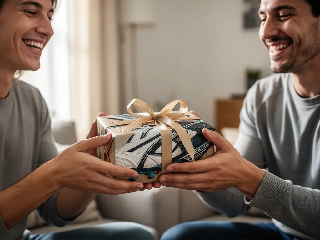 [Two people's hands exchanging a wrapped gift with happy expressions and genuine emotion]